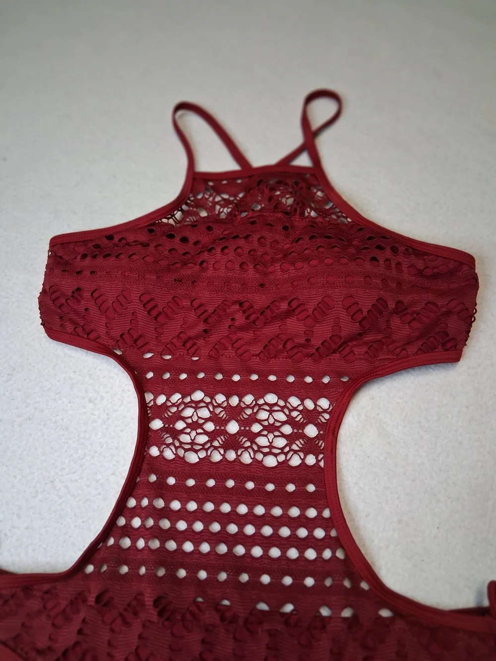 4/20$ ➡️   Crochet Cutout One-Piece Swimsuit - Wine Burgundy Crochet Monokini - Picture 9 of 11